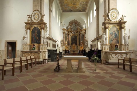 Romanesque monastery church, interior view, painting, chancel, Huysburg, Harz, Saxony-Anhalt,