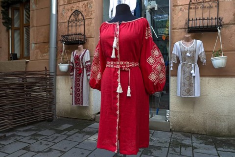 Exhibited dresses with traditional embroideries from Ukraine, Lviv, Ukraine