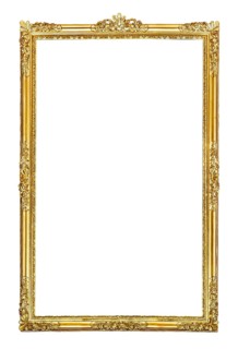 A beautiful old golden picture frame against a white background