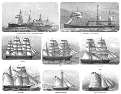 Historical illustration, 19th Century, Different types of merchant ships, verschiedene Typen von