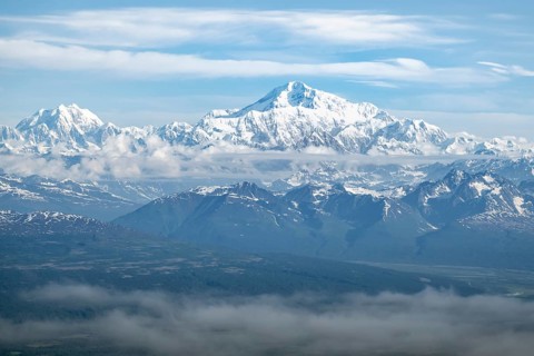 Panorama, clouds over high mountains, Mt Foraker and Mt Denali or Mount McKinley, aerial view,
