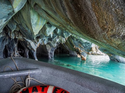 Excursion boat inside the marble caves, Puerto Sanchez, lake Lago General Carrera, Chile