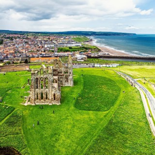 Whitby Abbey over River Esk from a drone, North Yorkshire, England, United Kingdom