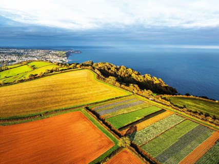 Colours of autumn Fields and Farms over Sheldon from a drone, Torbay, Devon, England, United