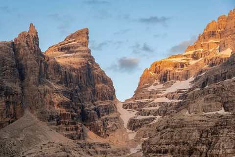 Sunset, mountain valley, Castelletto Superiore and Cima Sella peaks, back Scharte Bocca di Tuckett,