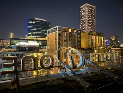 View from the roof terrace of Hotel MotelOne of the evening skyline of the city center of