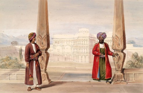 Clothing from historical Afghanistan. A nobleman from Dooranee and his attendant in the palace of