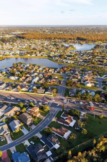 Aerial view of a new housing estate with houses in Buenaventura Lakes, Orlando, USA