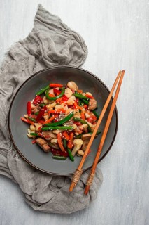 Wok, Asian-style vegetables, street food, mixed vegetables, no people, top view