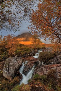 Wild river, waterfall, autumn colours, morning light, mountain landscape, cloudy mood, Buachaille