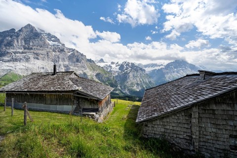 Mountain hut, alpine huts with shingles, picturesque mountain landscape, Grindelwald, Bernese Alps,