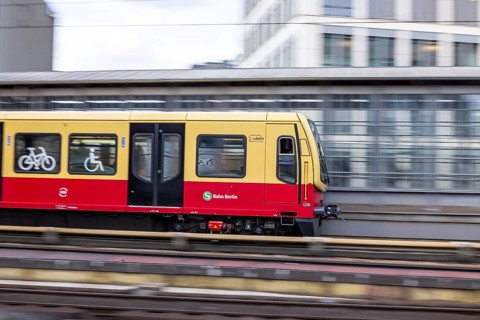 Friedrichstraße railway station in Berlin. S-Bahn at the exit. Contributor. Berlin, Germany