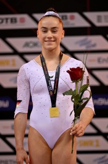 Madita Mayr GER Gold medal award ceremony, EnBW DTB Cup, Porsche Arena, Stuttgart,
