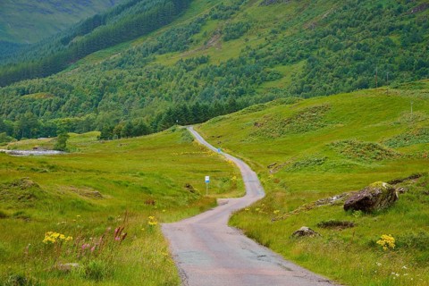Narrow road through green rolling terrain surrounded by nature and mountains, Loch Etive, Argyll
