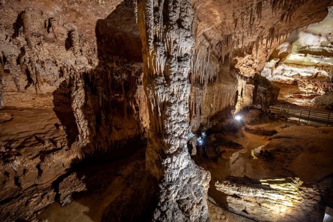 Stalactites and stalagmites, rock formations in a stalactite cave, Grotta del Fico, Gulf of Orosei,