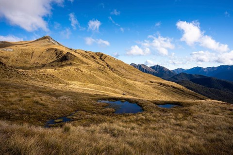 Mountain landscape with small lakes. Mount Burns, Borland Road Area, Fiordland National Park,