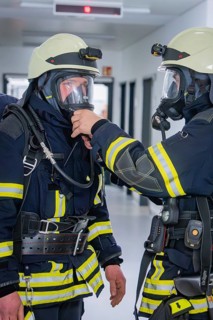 Close-up of firefighters wearing respirators to prepare for a mission, fire brigade exercise on