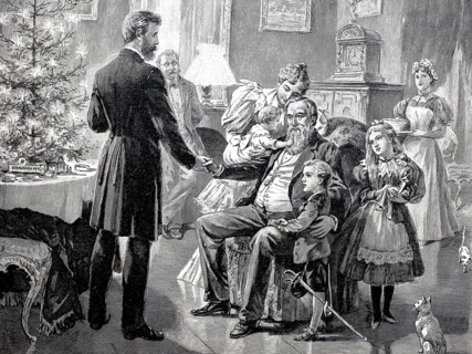 Historical scene depicts a wealthy family celebrating Christmas in the 19th century, the