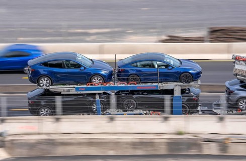 Car transporters, vehicles are being transported, A3 motorway, Tesla cars, e-cars