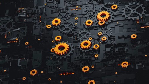 This abstract 3D background features a complex arrangement of gears in black and orange. The