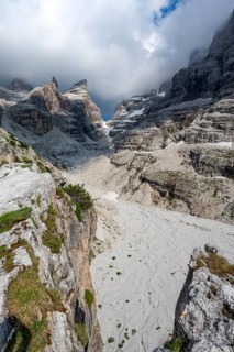 Mountain valley, Castelletto Superiore and Cima Sella peaks, back Scharte Bocca di Tuckett,