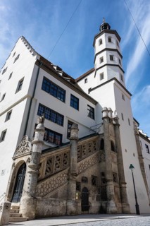 The historic town hall with the stone staircase with late Gothic forms and Renaissance ornaments in