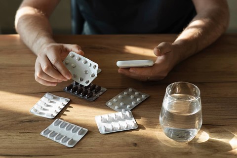 A man holding a blister pack of pills while using a smartphone, with several packs and a glass of