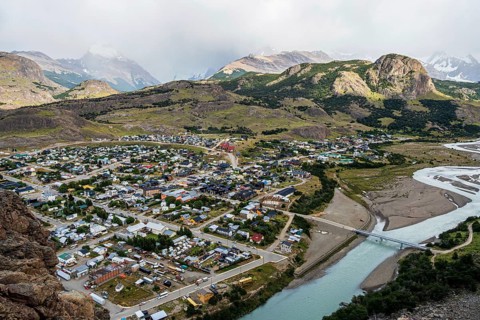 View over village El Chalten, rainy day, El Chalten, Argentina