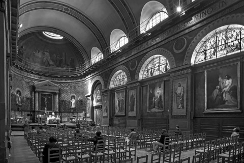 Interior of Saint Louis d'Antin church, built 1783, black and white, Paris, France