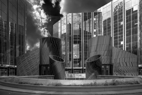 Artwork the mosaic by artist Michel Deverne in front of high-rise office buildings, La Défence,