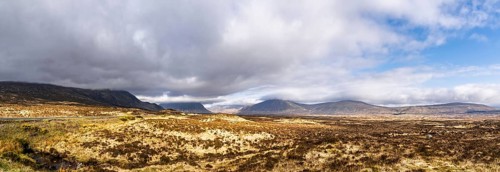 Panorama of Rannoch Moor over Loch Ba and Loch of the Armpit, A82 Highland Way, Argyll and Bute,