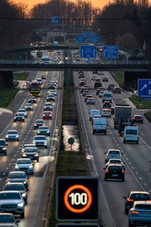 Motorway A40, Ruhrschnellweg, near Bochum, dense evening traffic, in front of the motorway junction
