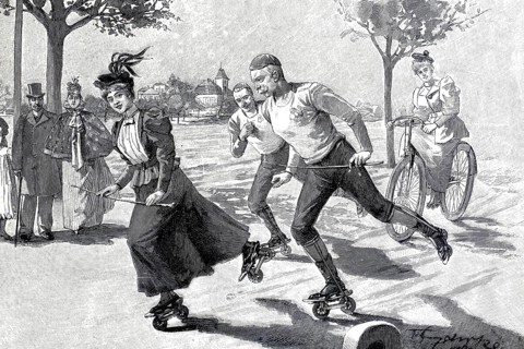 Race on skates or roller skates, around 1895, Berlin, Germany, illustration, reproduction from a