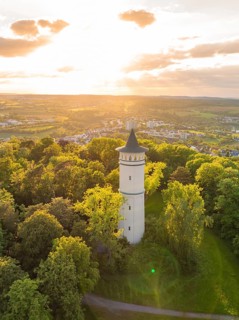 A tall tower in the middle of a dense forest under a bright evening sky, Engelberg Tower, Leonberg,