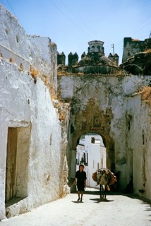 Woman and donkey on a narrow street under an archway, Barrio Maria Auxiladoria, Arcos de la