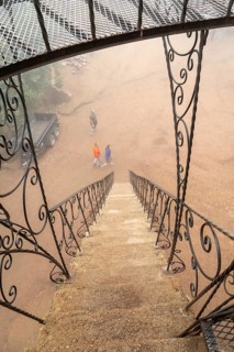Rye, Colorado, A steep stairway leading to Bishop Castle on a foggy morning. The Castle is an