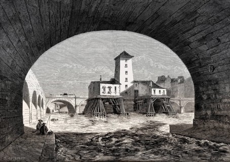 View of the Notre-Dame bridge pump, Paris, France, 1854