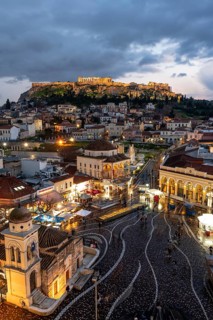 View over the old town of Athens, with Panagia Pantanassa Church, Tzisdarakis Mosque and Acropolis,