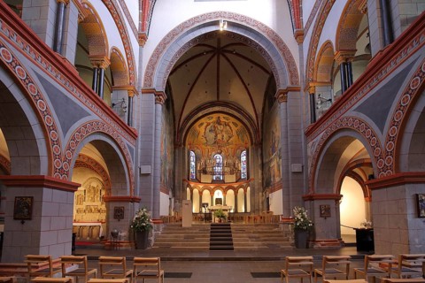 Interior view of the late Romanesque Assumption Church, Andernach, Rhineland-Palatinate, Upper
