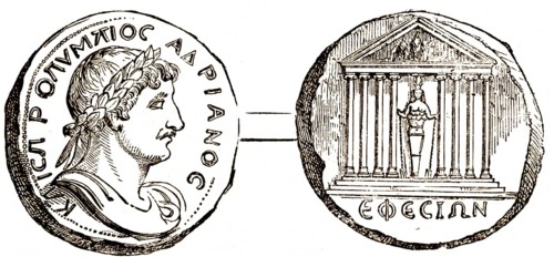 Coin from Ephesus from the time of Emperor Hadrian, temple and image of the goddess Diana, the Acts
