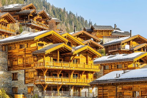 Snow-covered roofs, modern wooden holiday homes, Grimentz, Val d'Anniviers, Valais Alps, Canton of