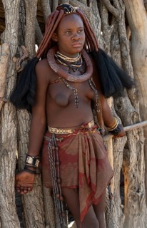 Young traditionally dressed Himba woman, leaning against a wooden hut, near Opuwo, Kaokoveld,