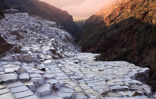 Scenic salinas Maras Salt mines in Sacred Valley Valle Sagrado in Cusco, Peru