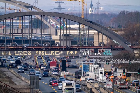 Traffic jam on the A43 motorway near Herne, heading north, in front of the barrier system, the