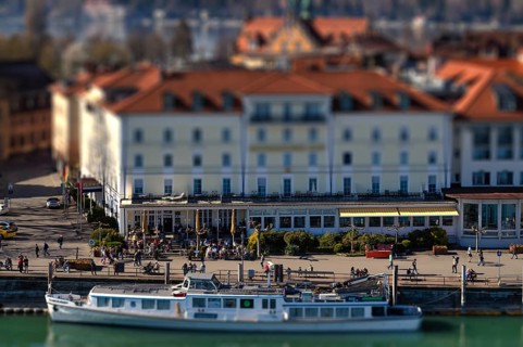 View from New Lighthouse to Hotel Bayerischer Hof, Bodenseeferry, Friedrichshafen passenger ship of
