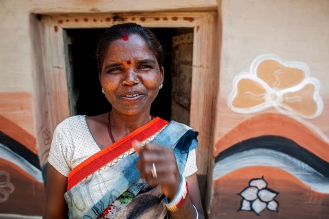 Woman from the Santhal tribe, house with Sohraï art decoration (Hazaribagh district, Jharkhand,