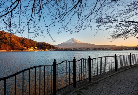 Kawaguchi Lake waterfront, view of Mount Fuji volcano at sunset, Yamanashi Prefecture, Japan