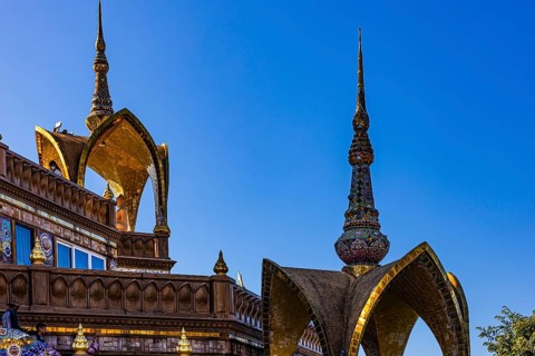 Round arch pavilions decorated with colorful mosaics and glass works of art, Buddhist temple