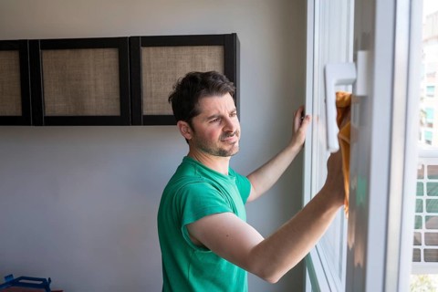 A man diligently cleans a window in a modern urban apartment, focusing on ensuring a spotless