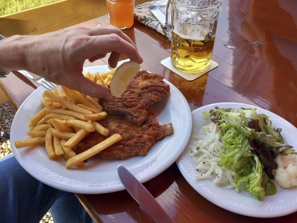 Wiener schnitzel served with French fries and salad in a beer garden, Bavaria, Germany